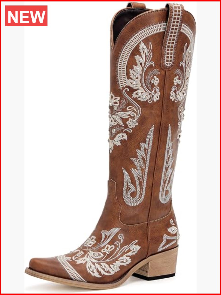 Embroidered Rhinestone Knee High Cowboy Boots Chunky Heel